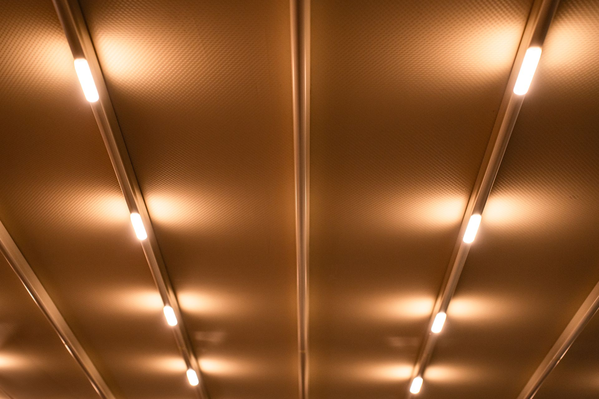 Linear LED tubes glowing on a dark ceiling